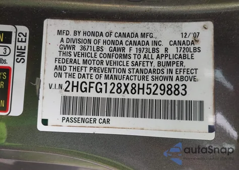 2008 Honda Civic Ex z USA, uszkodzony, nr VIN 2HGFG128X8H529883